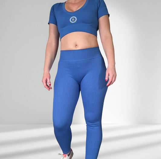 Balling London light blue Gym Yoga 2 PCS Ribbed short sleeve V neck top & leggings